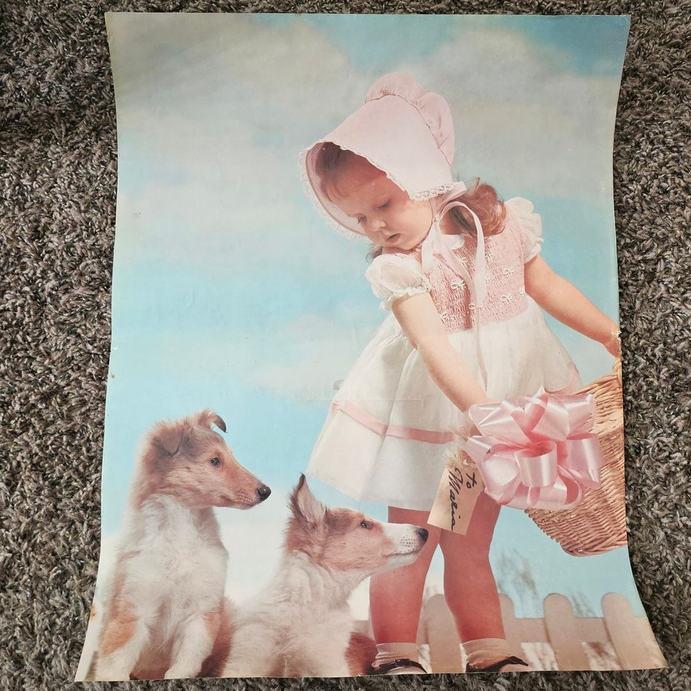 1960 Vintage 20" Blue Poster Of Girl Pink and White Doll Like with Bonnet & Dog